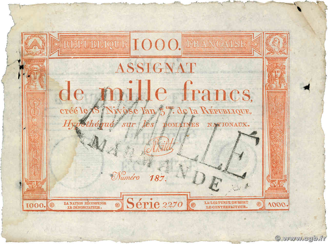 1000 Francs Annulé FRANCE  1795 Ass.50 var TTB