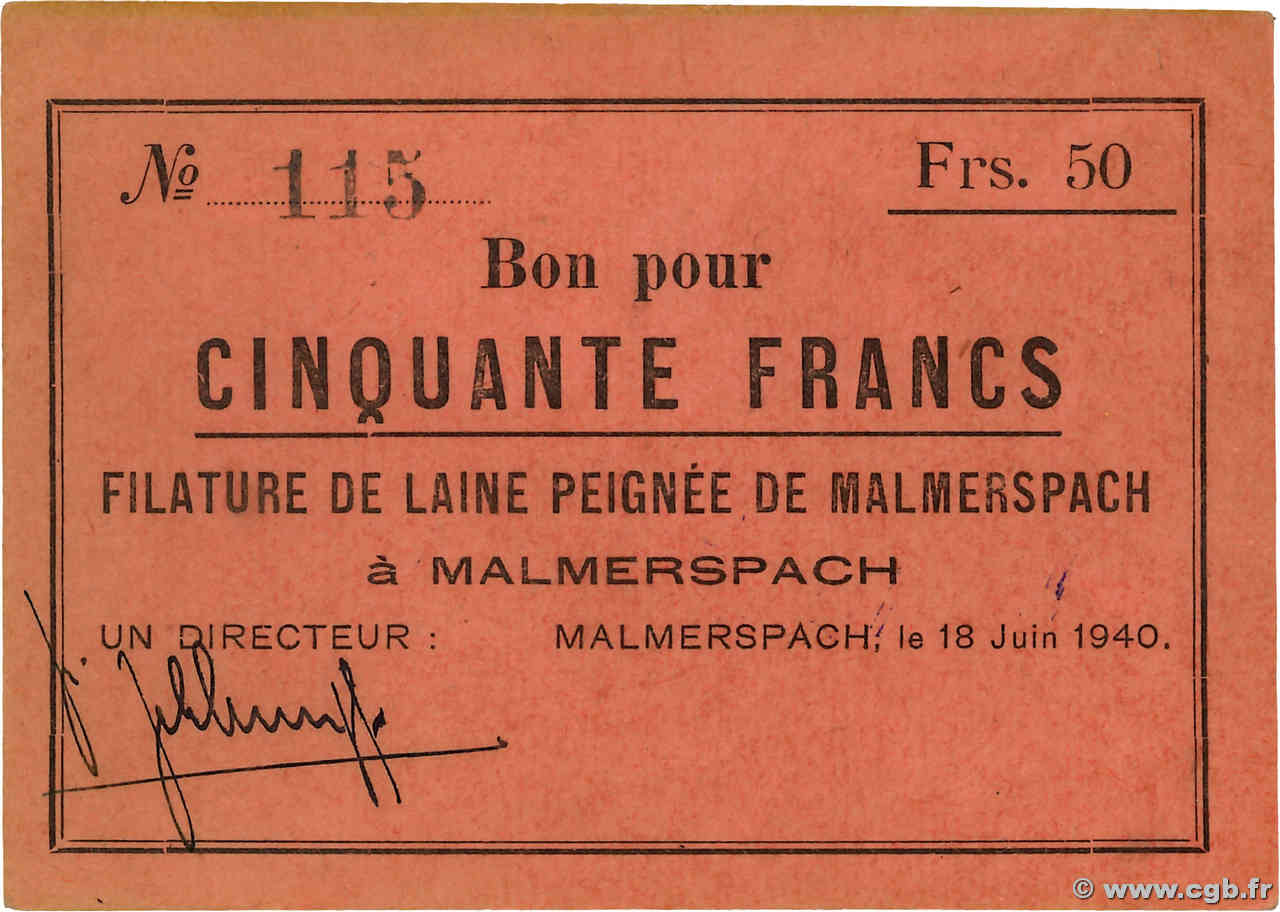 50 Francs FRANCE Regionalismus und verschiedenen Malmerspach 1940 BU.44.06 fST