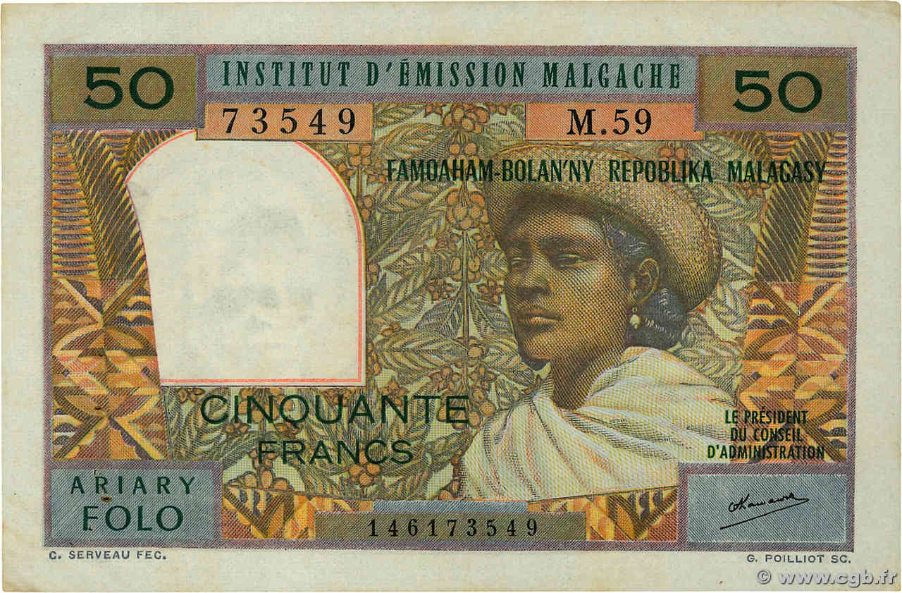 50 Francs - 10 Ariary MADAGASKAR  1962 P.061 fVZ