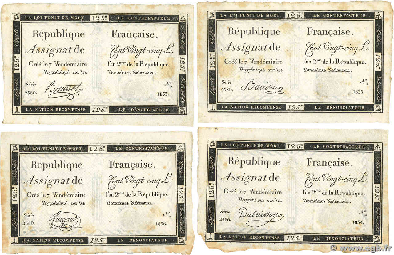 125 Livres Consécutifs FRANCE  1793 Ass.44a SUP