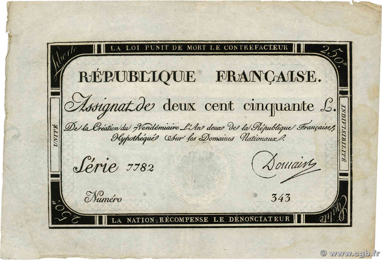 250 Livres FRANCE  1793 Ass.45a XF+