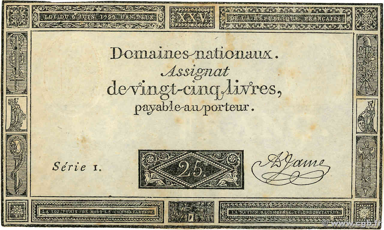 25 Livres Petit numéro FRANKREICH  1793 Ass.43a fVZ