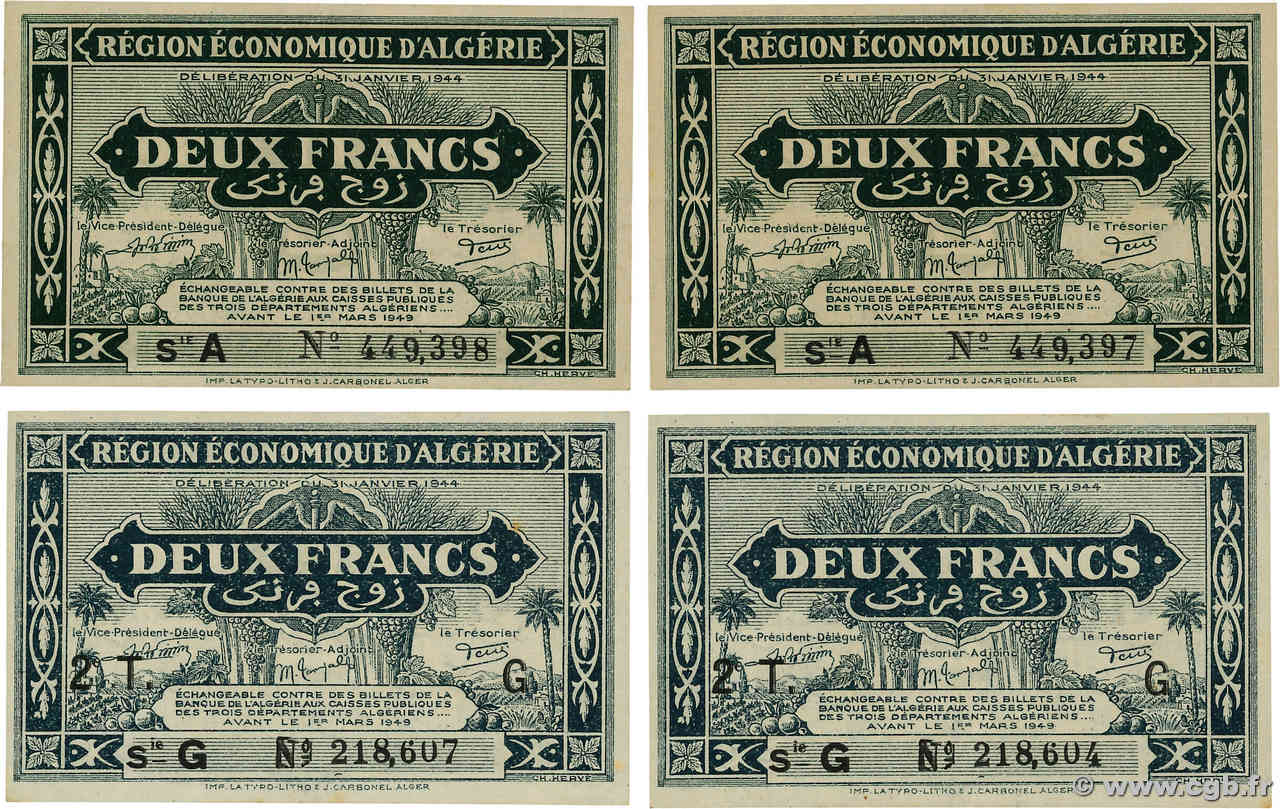 2 Francs Lot ALGERIA  1944 P.099a et P.102 XF