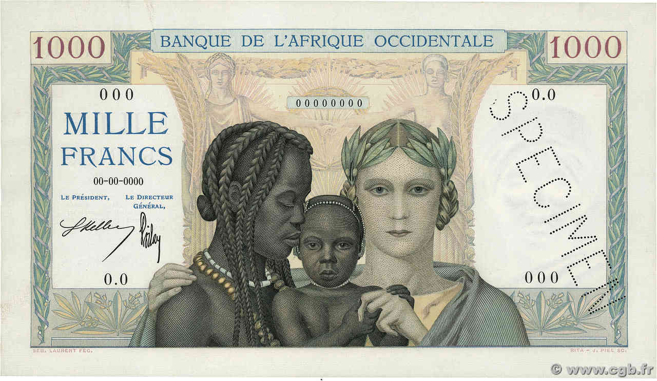 1000 Francs Spécimen FRENCH WEST AFRICA  1937 P.24s AU+
