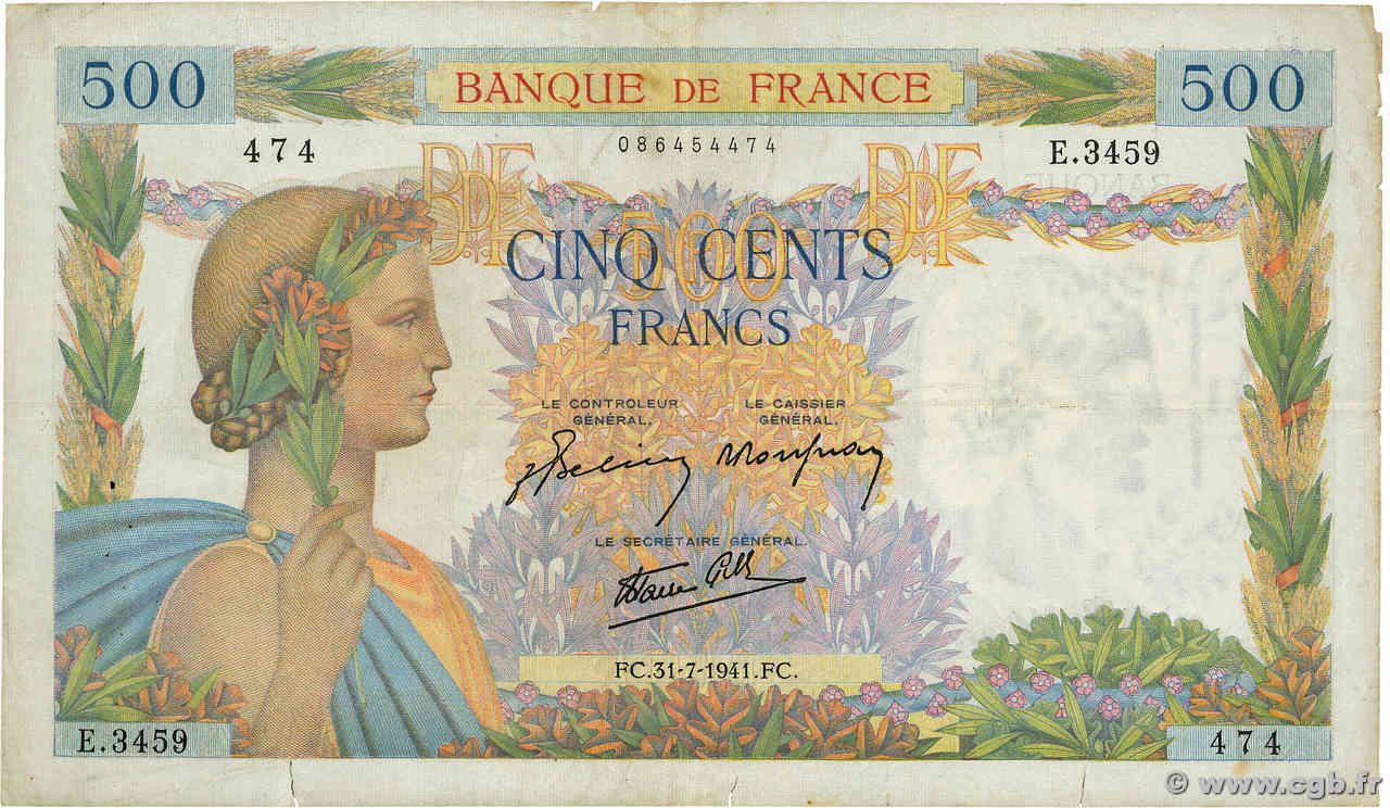500 Francs LA PAIX FRANCE  1941 F.32.20 TB