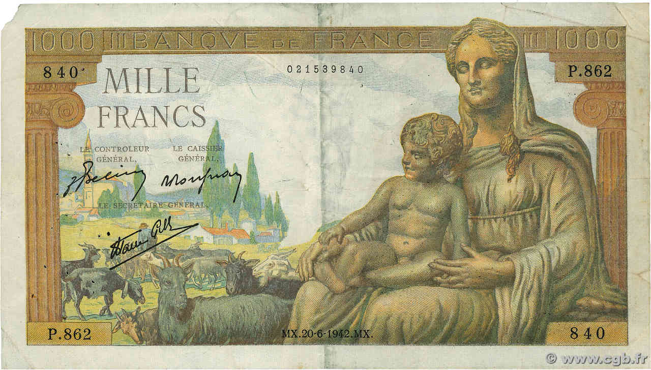 1000 Francs DÉESSE DÉMÉTER FRANCE  1942 F.40.03 TB