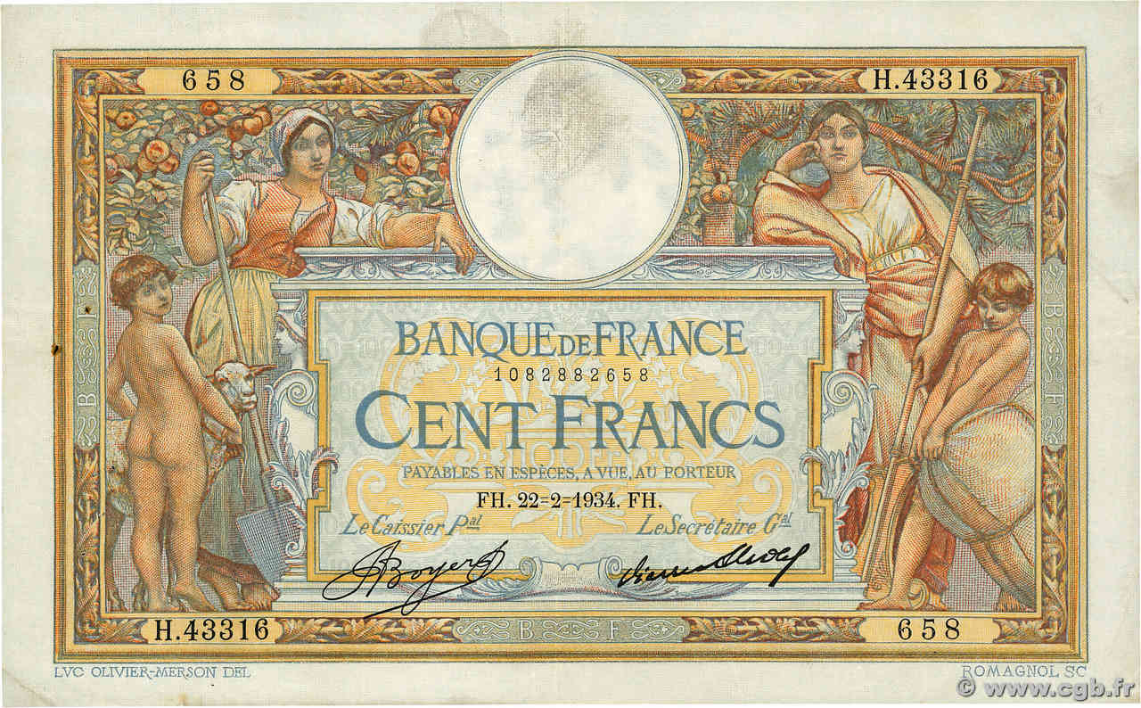 100 Francs LUC OLIVIER MERSON grands cartouches FRANCIA  1934 F.24.13 BB