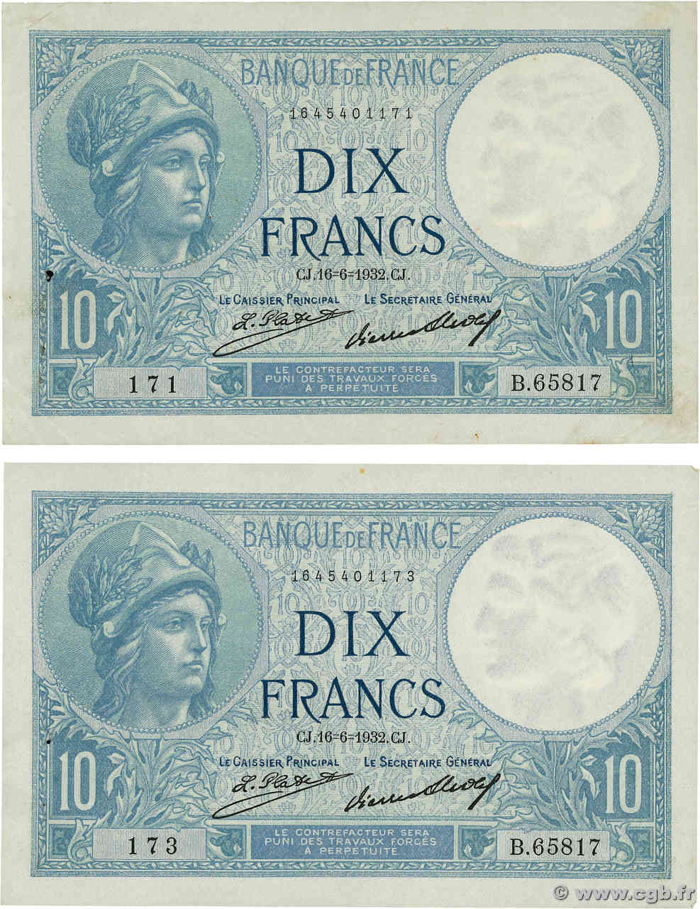 10 Francs MINERVE Lot FRANCE  1932 F.06.16 XF-