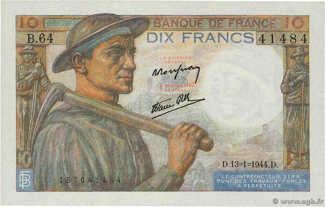 10 Francs MINEUR FRANCE  1944 F.08.10 SUP