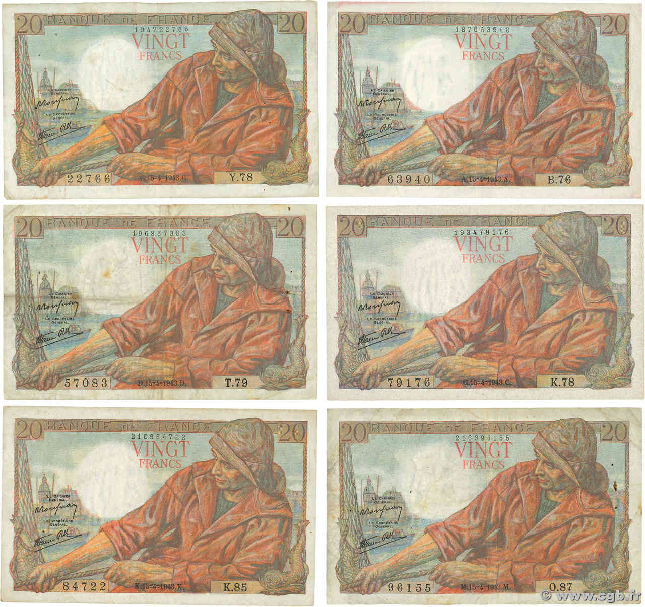 20 Francs PÊCHEUR Lot FRANCE  1943 F.13.06 TB+