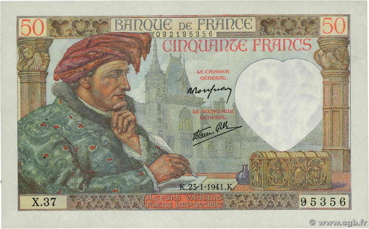 50 Francs JACQUES CŒUR FRANCE  1941 F.19.05 AU