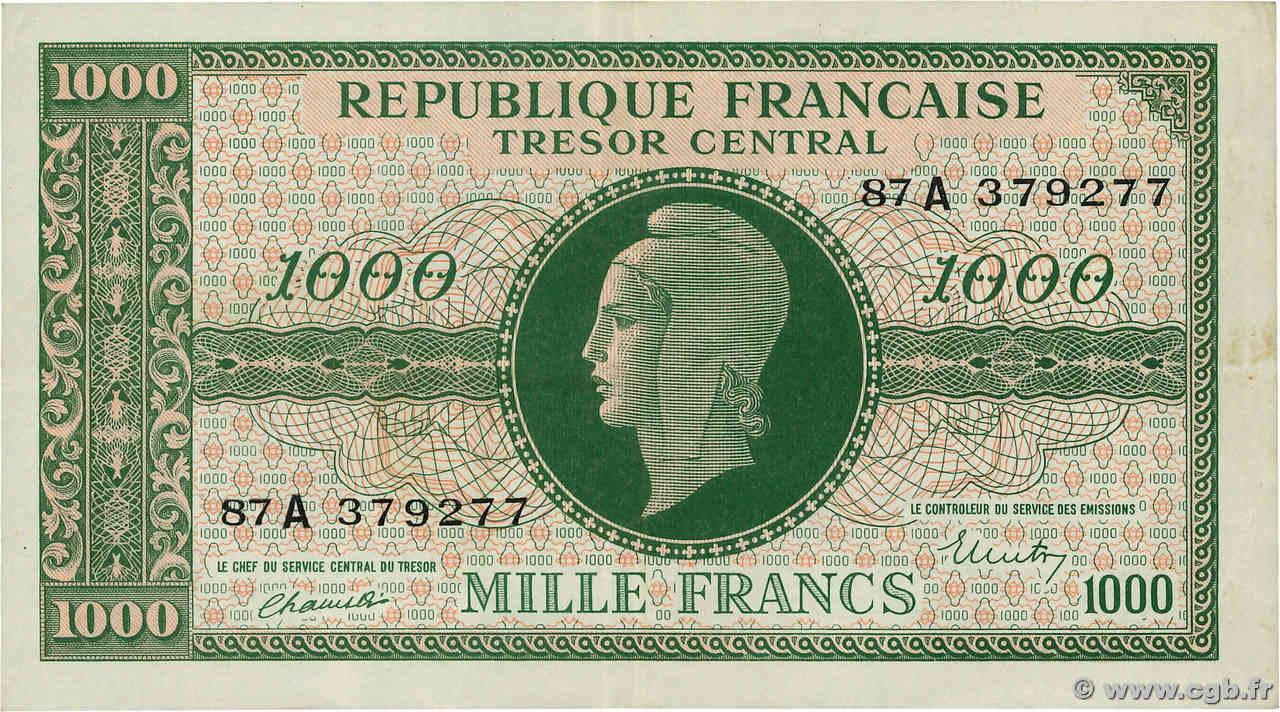 1000 Francs MARIANNE BANQUE D ANGLETERRE FRANCE  1945 VF.12.01 TTB+