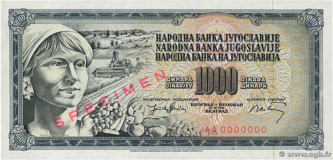 1000 Dinara Spécimen YUGOSLAVIA  1974 P.086s SC+