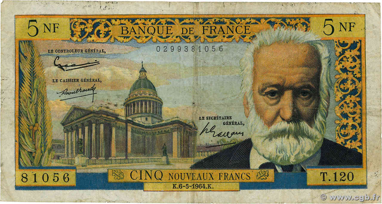 5 Nouveaux Francs VICTOR HUGO FRANCE  1964 F.56.15 B
