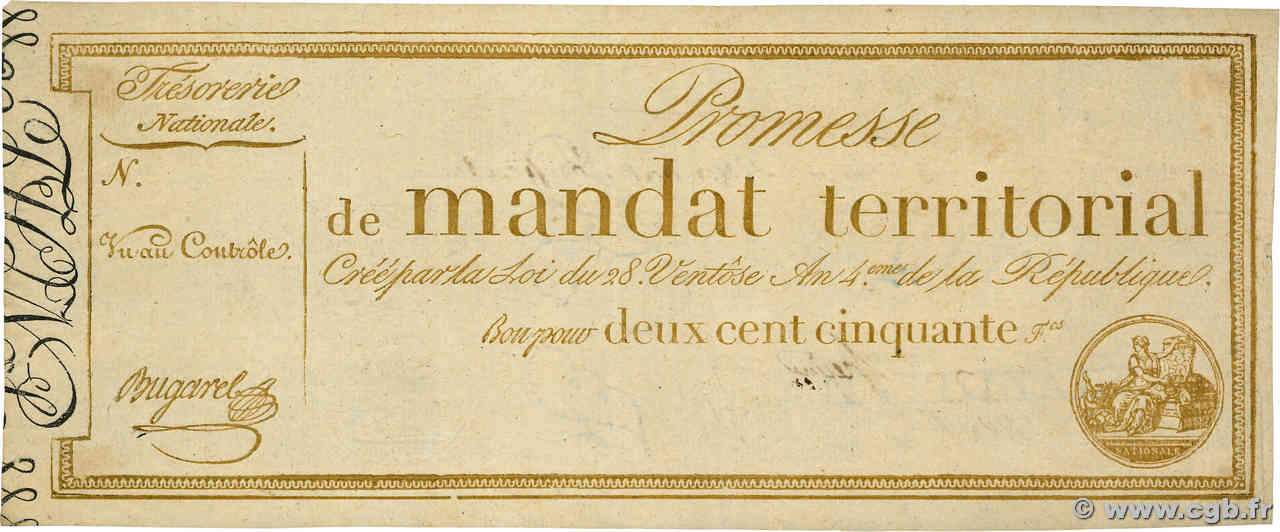 250 Francs Vérificateur FRANCE  1796 Ass.61v TTB+