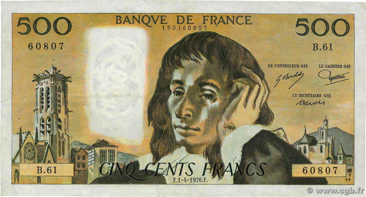500 Francs PASCAL FRANCE  1976 F.71.14 pr.TTB