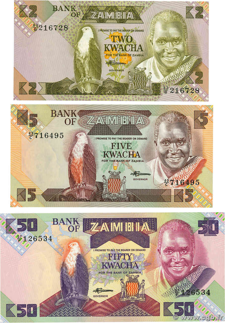 2, 5 et 50 Kwacha Lot ZAMBIA  1980 P.25d, P.26e et P.P.28a UNC