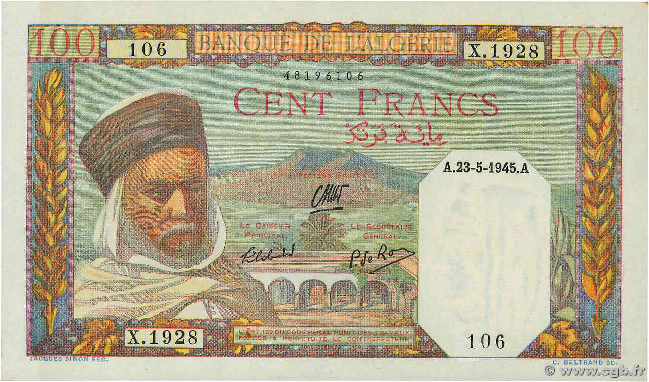 100 Francs ALGÉRIE 1945 P.085