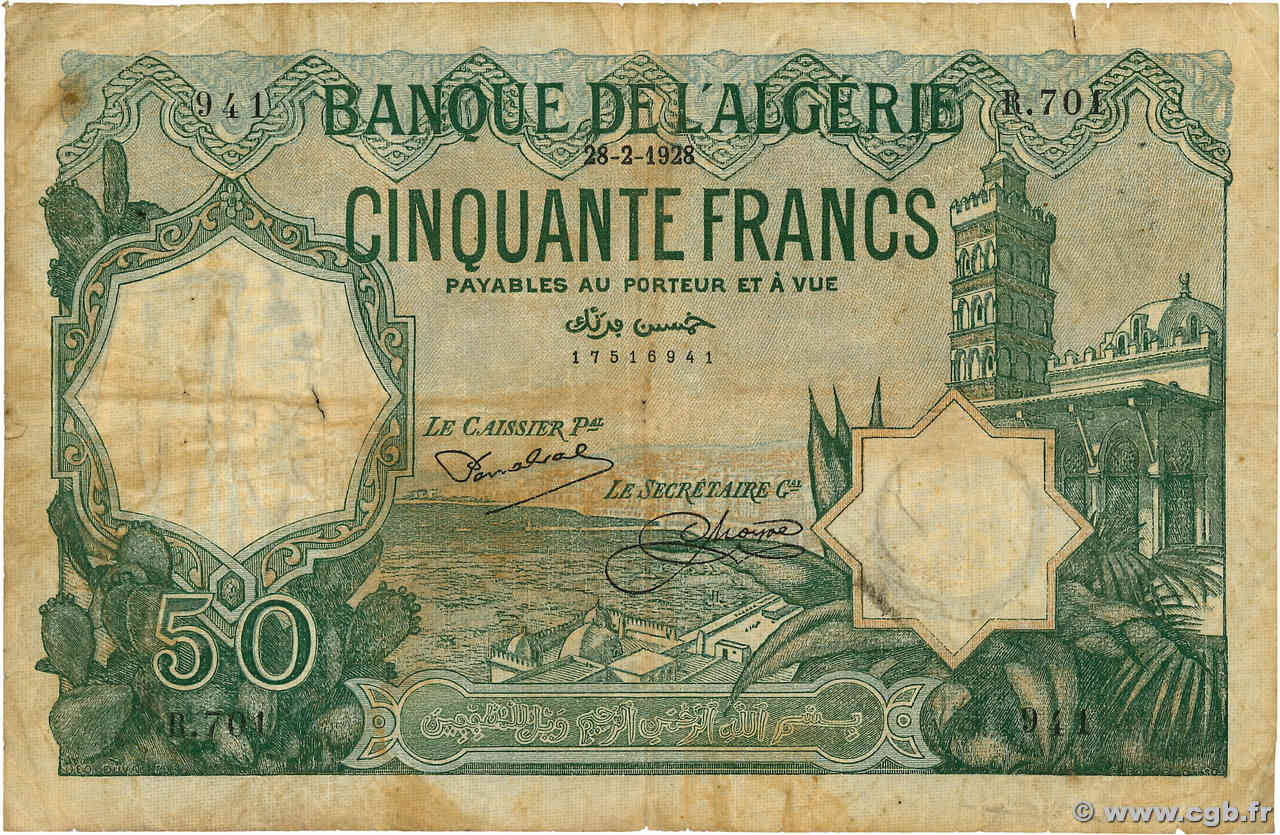 50 Francs ALGÉRIE  1928 P.080a B