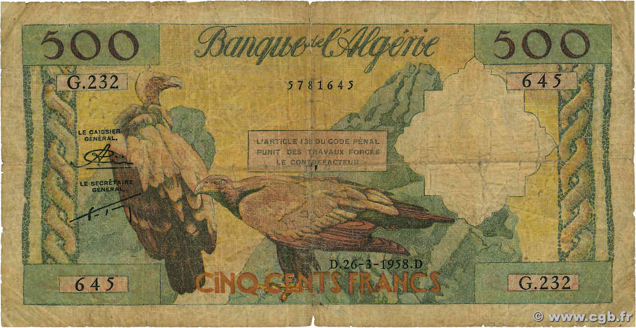 500 Francs ALGÉRIE  1958 P.117 pr.B
