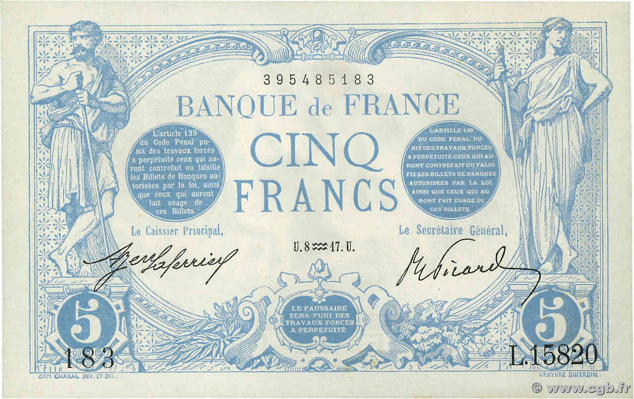 5 Francs BLEU FRANKREICH  1917 F.02.47 fST+