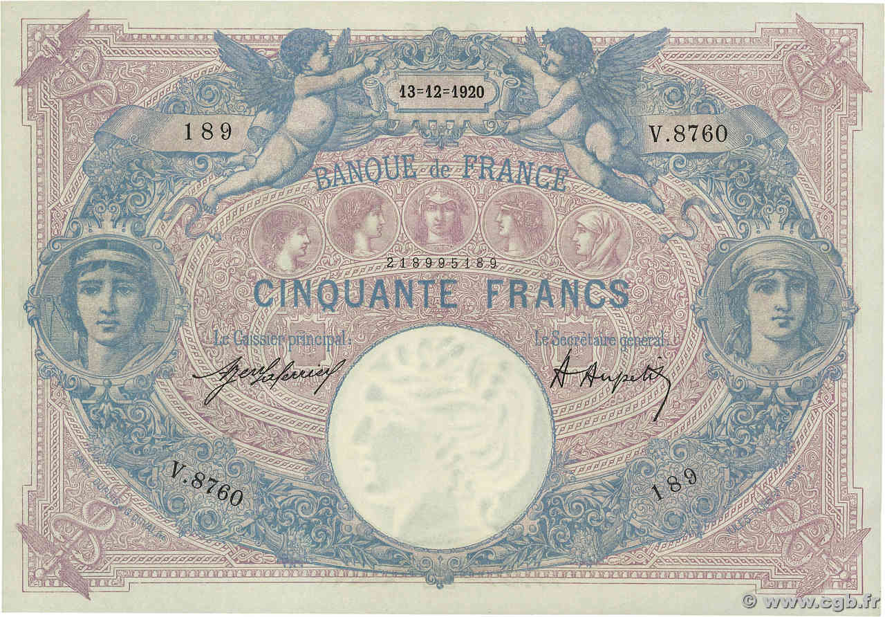50 Francs BLEU ET ROSE FRANCIA  1920 F.14.33 EBC+