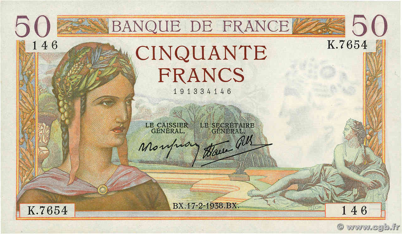 50 Francs CÉRÈS modifié FRANKREICH  1938 F.18.09 VZ