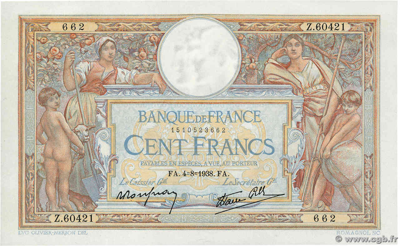 100 Francs LUC OLIVIER MERSON type modifié FRANKREICH  1938 F.25.27 fST+