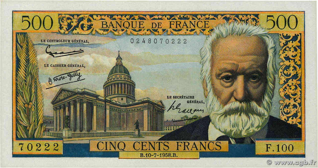 500 Francs VICTOR HUGO FRANCIA  1958 F.35.09 FDC