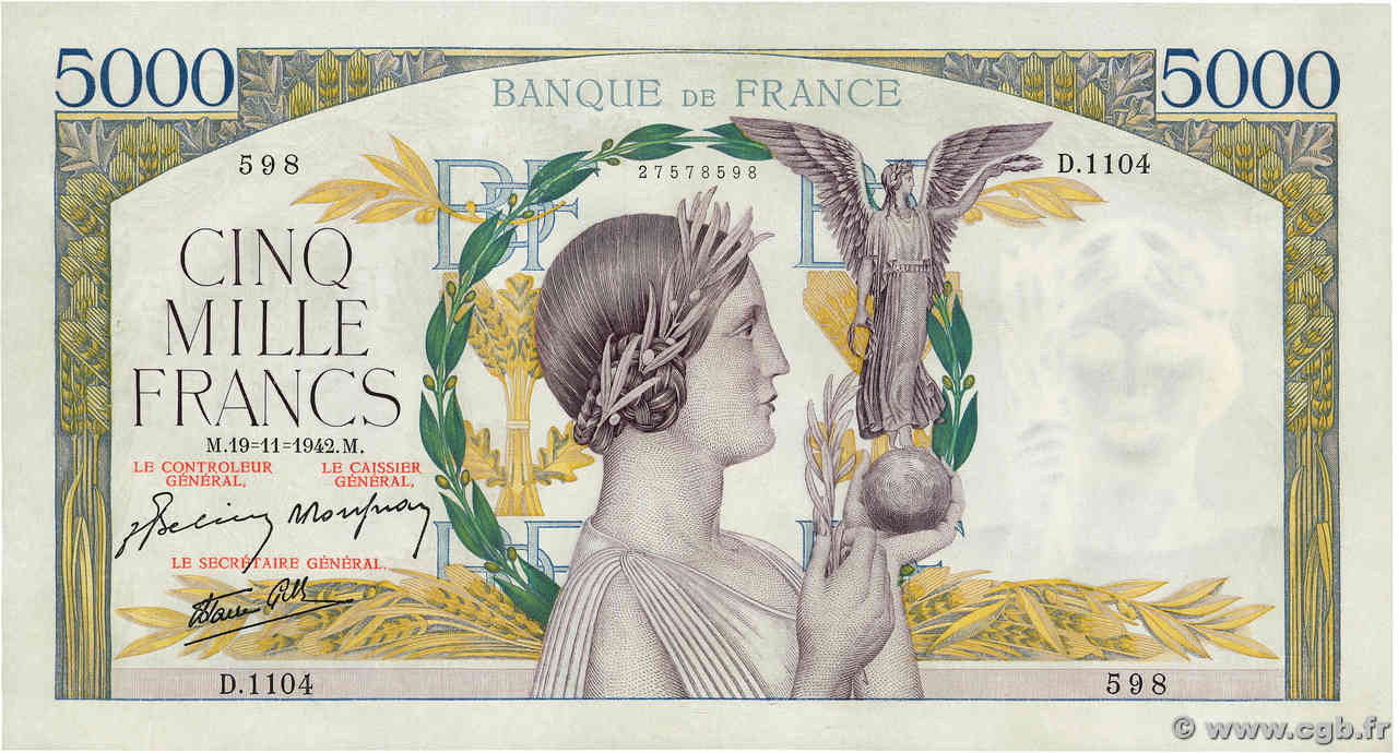 5000 Francs VICTOIRE Impression à plat FRANCIA  1942 F.46.44 SPL+