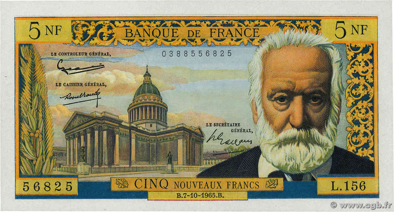 5 Nouveaux Francs VICTOR HUGO FRANCE  1965 F.56.20 NEUF