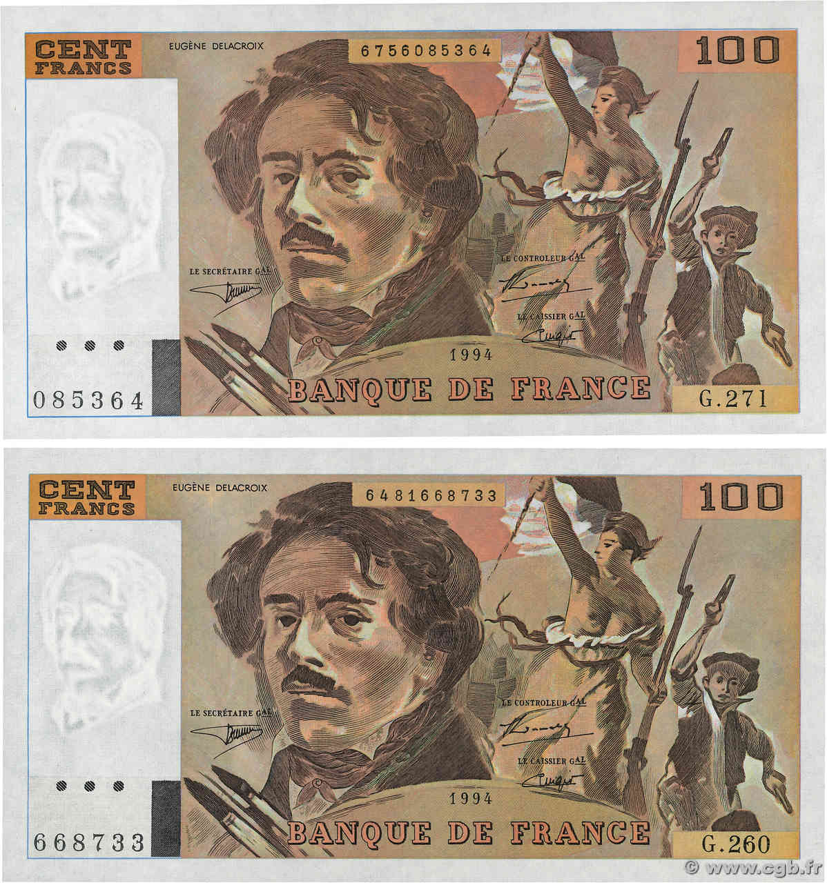 100 Francs DELACROIX 442-1 & 442-2 Lot FRANKREICH  1994 F.69ter.01a ST