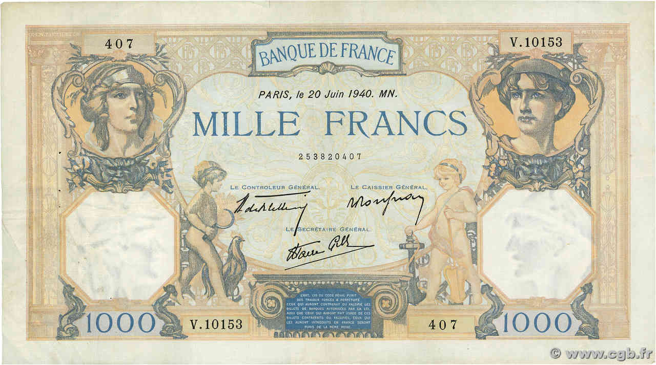 1000 Francs CÉRÈS ET MERCURE type modifié FRANCE  1940 F.38.49 TB+