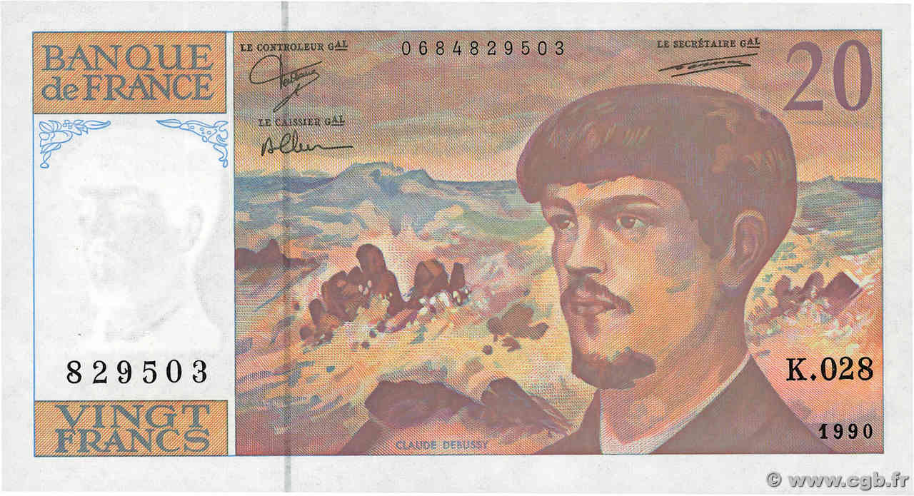 20 Francs DEBUSSY à fil de sécurité FRANCE  1990 F.66bis.01 pr.NEUF