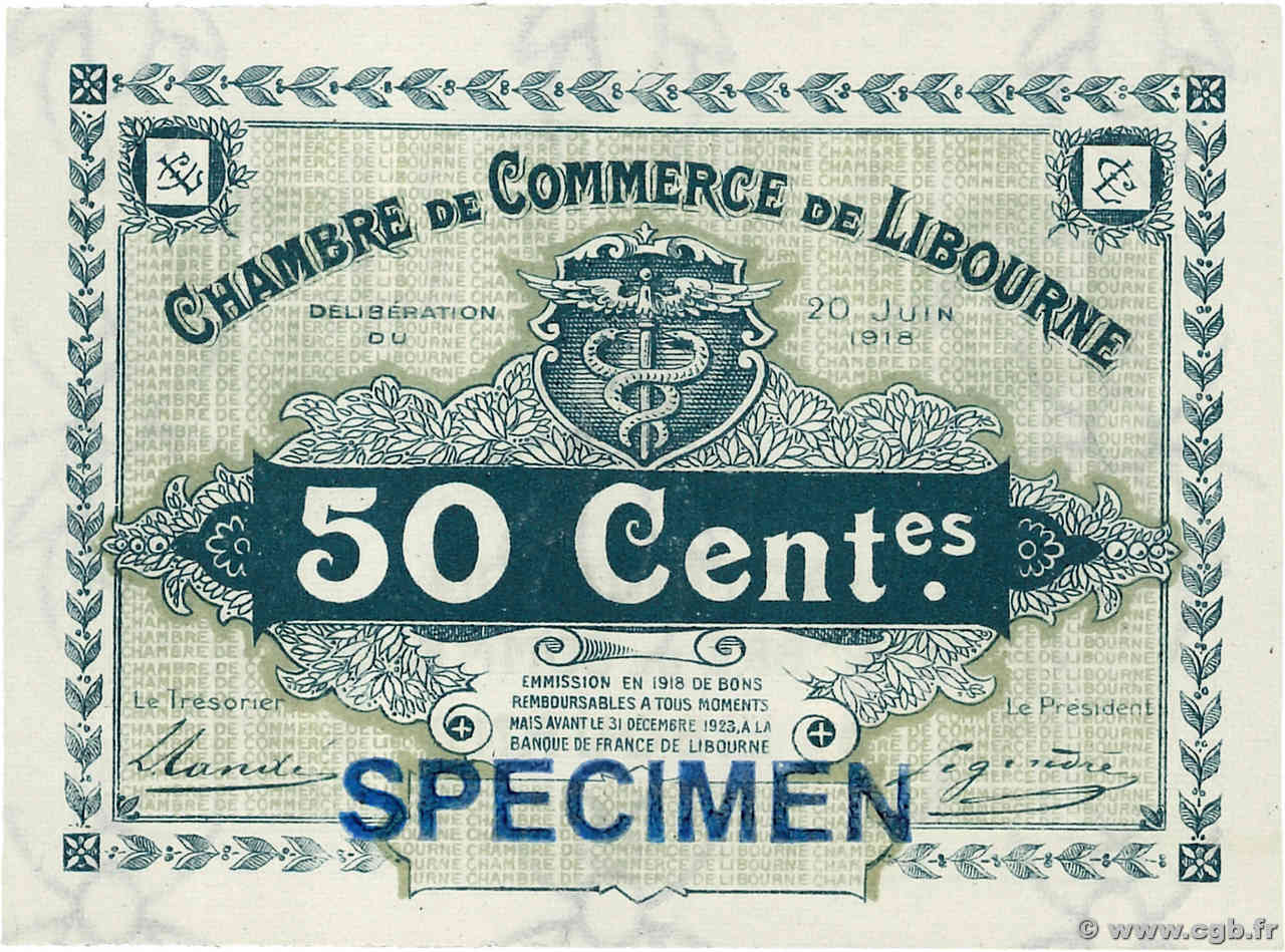 50 Centimes Spécimen FRANCE regionalismo y varios Libourne 1918 JP.072.23var FDC