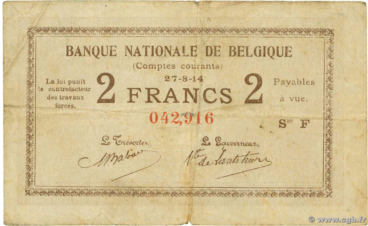2 Francs BÉLGICA  1914 P.082 BC+