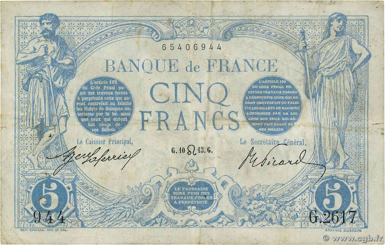 5 Francs BLEU FRANCE  1913 F.02.19 VF-