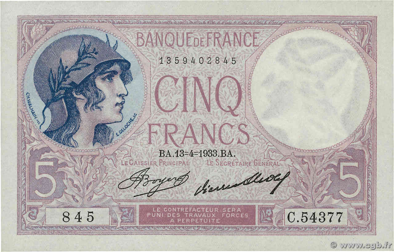 5 Francs FEMME CASQUÉE FRANCIA  1933 F.03.17 q.FDC