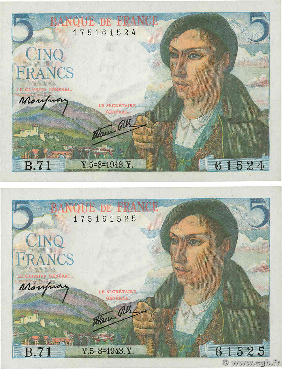 5 Francs BERGER Consécutifs FRANKREICH  1943 F.05.03 ST