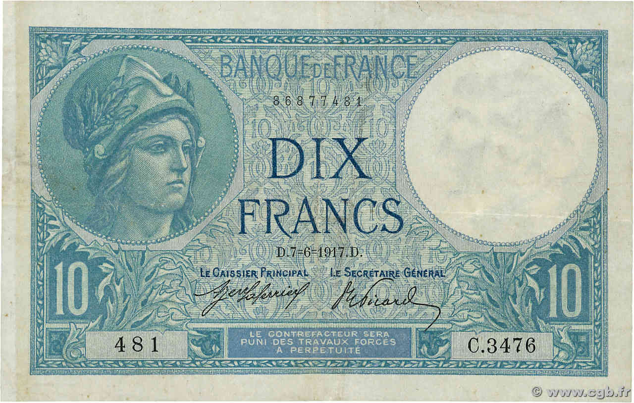 10 Francs MINERVE FRANKREICH  1917 F.06.02 fSS