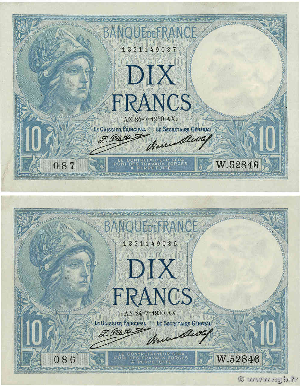 10 Francs MINERVE Consécutifs FRANCE  1930 F.06.14 VF+