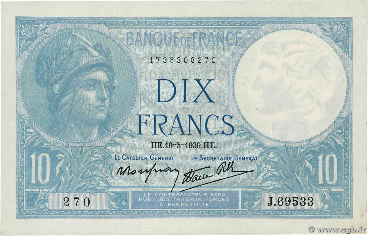 10 Francs MINERVE modifié FRANCE  1939 F.07.03 AU+