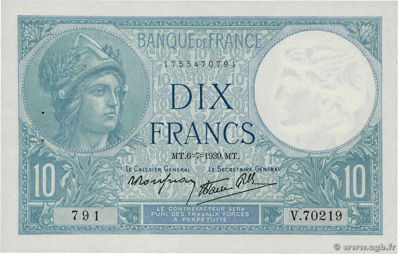 10 Francs MINERVE modifié FRANCIA  1939 F.07.04 AU