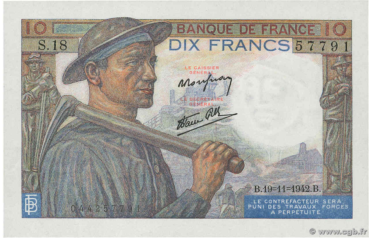 10 Francs MINEUR FRANCE  1942 F.08.05 UNC-