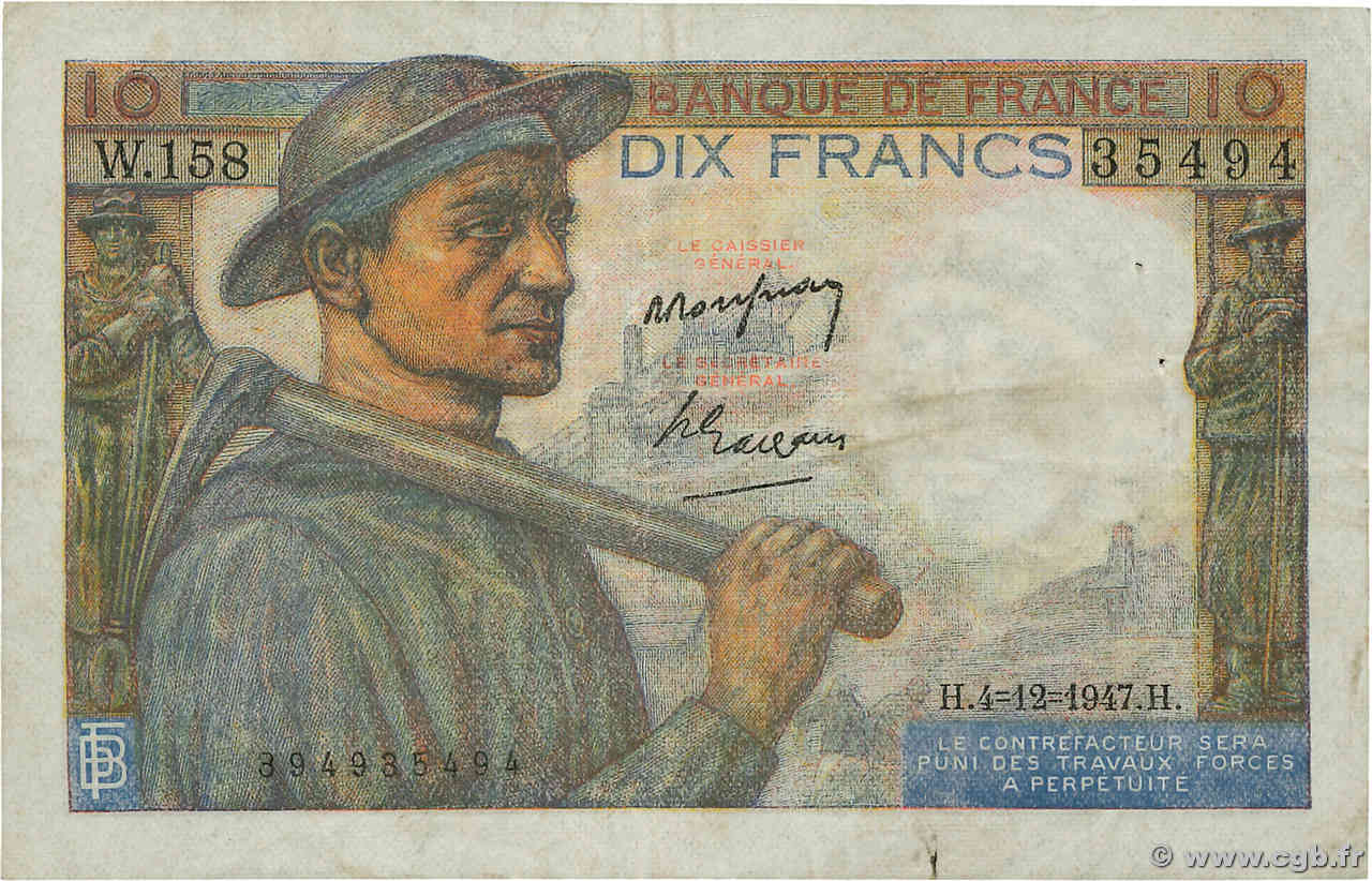 10 Francs MINEUR FRANCE  1947 F.08.19 VF