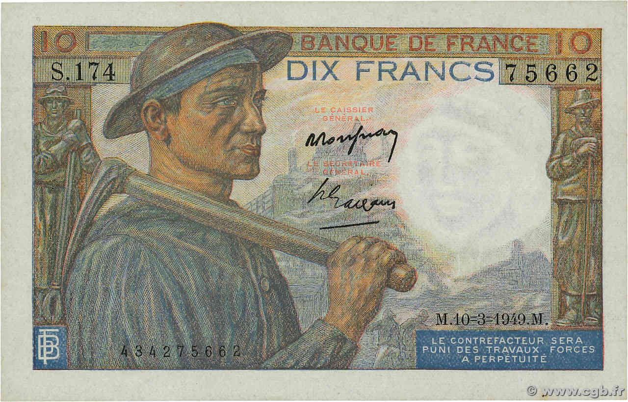 10 Francs MINEUR FRANCE  1949 F.08.20 VF