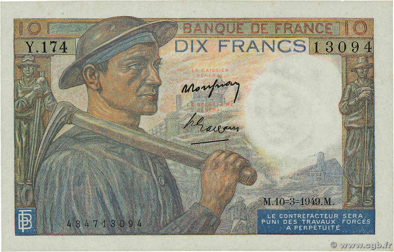 10 Francs MINEUR FRANCE  1949 F.08.20 VF+