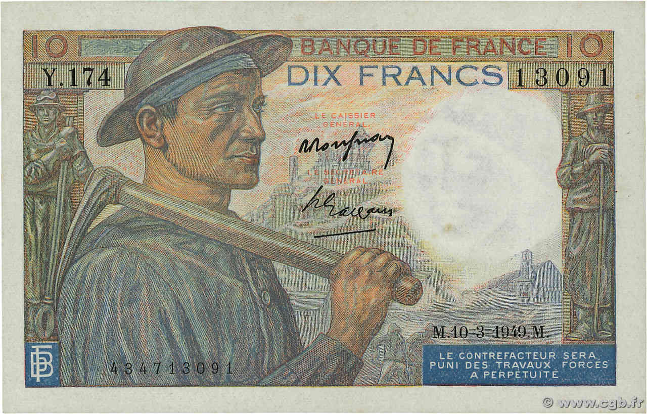 10 Francs MINEUR FRANCE  1949 F.08.20 VF+