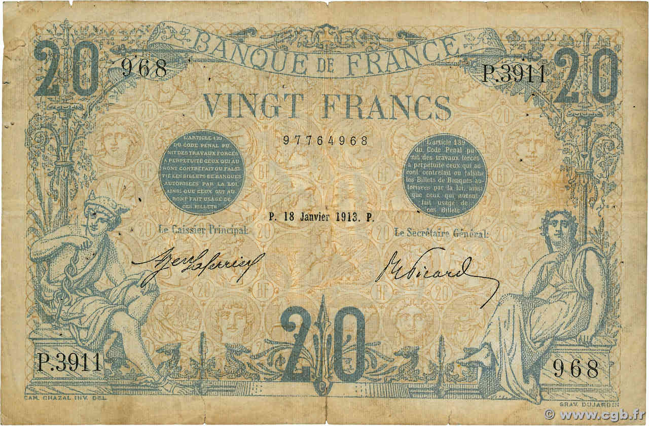 20 Francs BLEU FRANCE  1913 F.10.03 VG