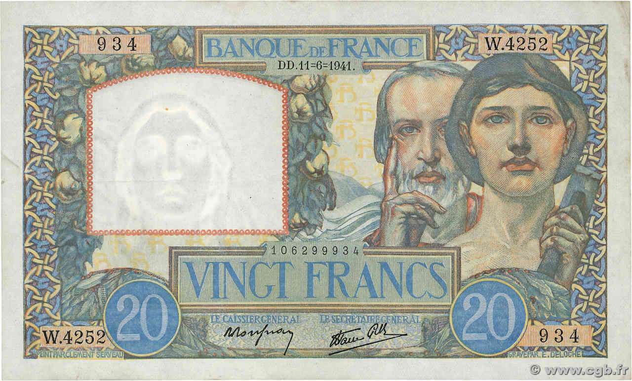 20 Francs TRAVAIL ET SCIENCE FRANCE  1941 F.12.15 TTB+